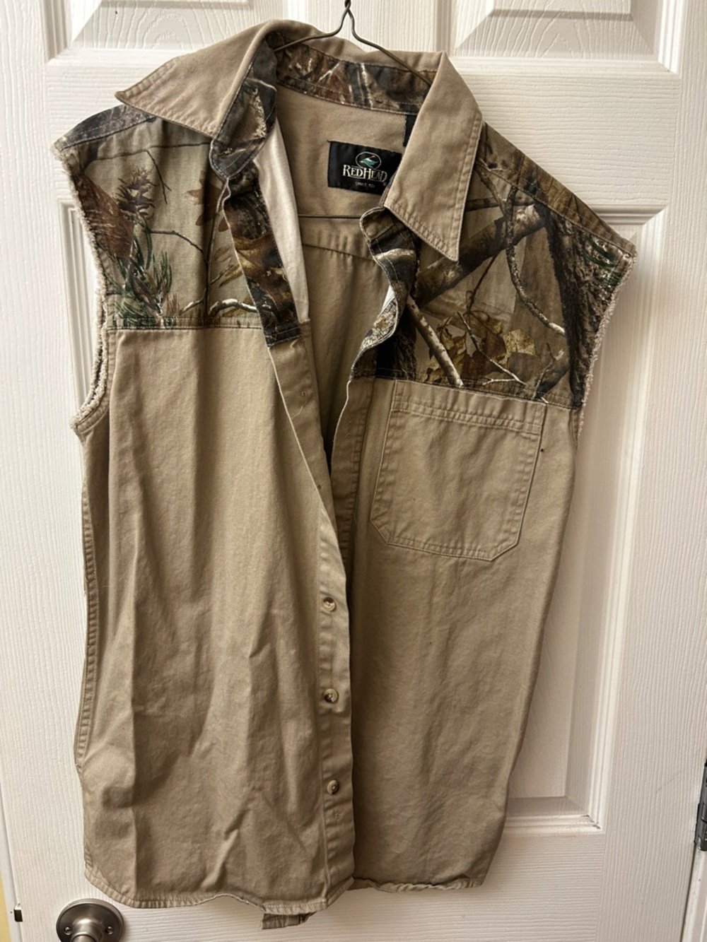 RedHead Khaki Button-Up Hunting Vest with Camo Yoke